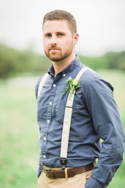 tan pants, a chambray shirt, crwamy suspenders and no tie for a country wedding