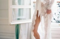 25 a refined long white lace bridal robe with long sleeves and chic lingerie to show off to impress him