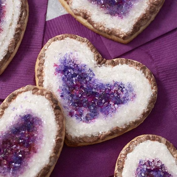 amethyst heart-shaped cookies are a cute and sweet idea for your dessert table