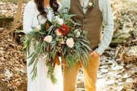 a boho meets rustic groom’s look with a green printed shirt, mustard trousers, a brown vest, brown shoes and a tan hat