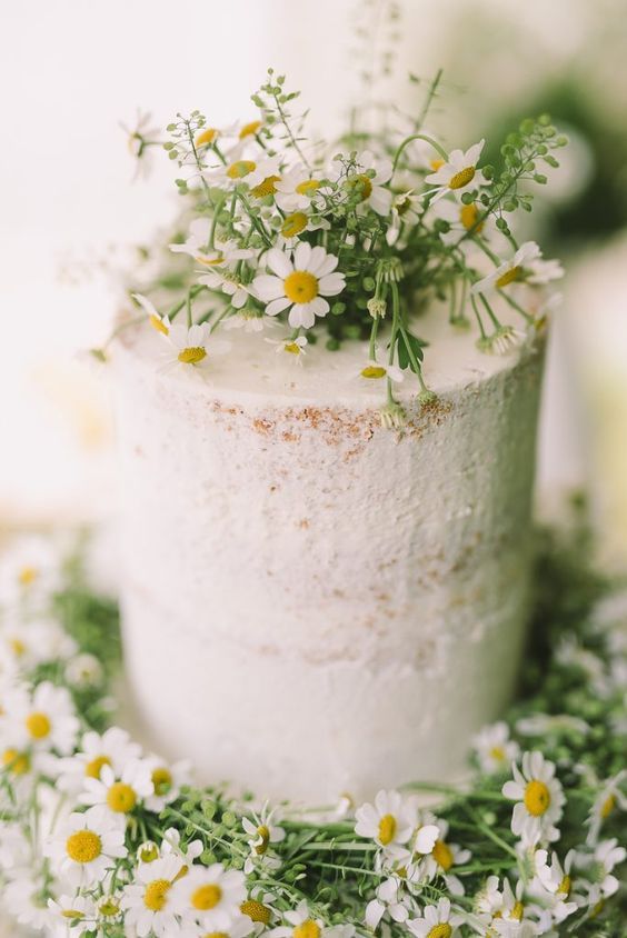 a naked wedding cake topped with chamomiles is a perfect idea for a relaxed rustic spring or summer wedding