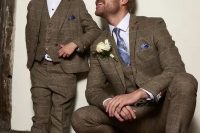 elegant taupe and beige plaid three-piece pantsuits, white shirts, a blue tie and a handkerchief are a great combo for a wedding