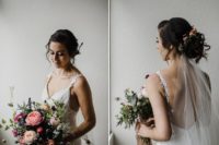 02 The bride was wearing an elegant wedding dress with lace appliques and an open back, an updo with flowers and stud earrings