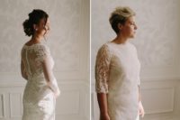 02 The first bride opted for an illusion back and bodice wedding dress with buttons, and the second chose a high neckline one with blush lace appliques