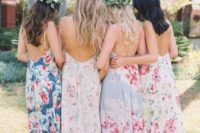 03 mismatched spaghetti strap dresses with open backs in various pastel shades and with different floral prints