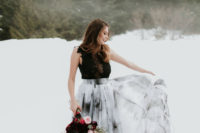 04 The bride was wearing a watercolor grey and white skirt and a gorgeous black lace bodysuit