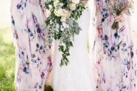 04 mismatched blush and purple watercolor floral bridesmaids’ dresses look very spring-like
