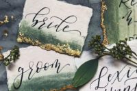 05 dark green watercolor wedding cards with gold glitter and calligraphy