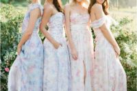 05 subtle watercolor floral bridesmaids’ dresses – strapless and off the shoulder in lavender and pink shades