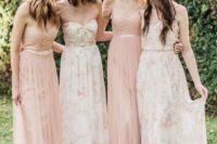 06 sophisticated blush strapless dresses and creamy floral print ones are ideal for a spring or summer wedding with a neutral color palette