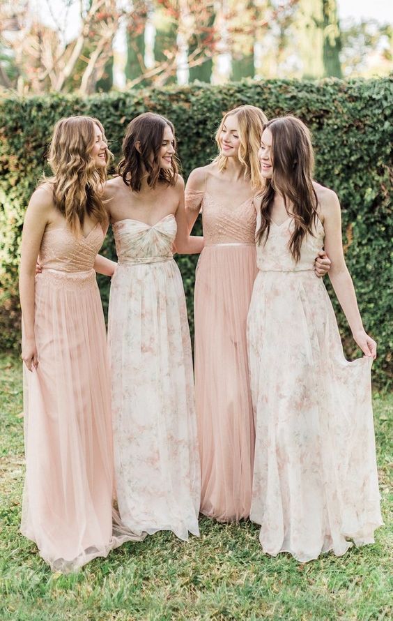 sophisticated blush strapless dresses and creamy floral print ones are ideal for a spring or summer wedding with a neutral color palette