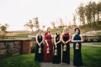07 The bridesmaids were wearing mismatched gowns in dark jewel tones