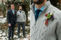 07 The groomsman was wearing grey pants, a checked shirt, a navy tie and a cable knit sweater