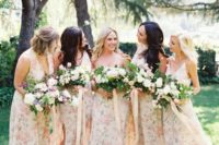 07 subtle mismatched watercolor floral print bridesmaids’ dresses with various cuts and necklines for a spring wedding