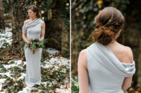 08 The bridesmaid was wearing a silver crepe one shoulder gown and an elegant updo