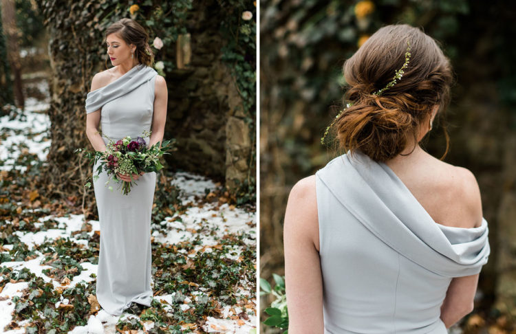 The bridesmaid was wearing a silver crepe one shoulder gown and an elegant updo