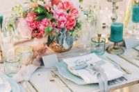 08 a chic light blue and gold table setting with turquoise and hot pink accents