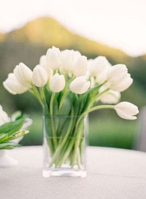 a modern glass vase with white tulips is an ideal and simple wedding centerpiece