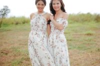 08 neural bridesmaids’ dresses-off the shoulder and halter neckline with a subtle blush floral print
