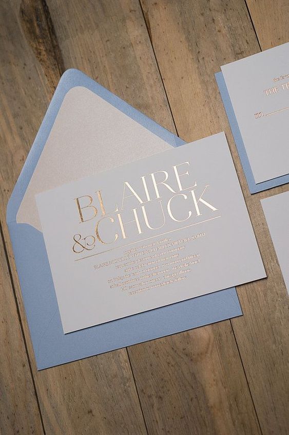 dusty blue, white and gold foil wedding invitation suite