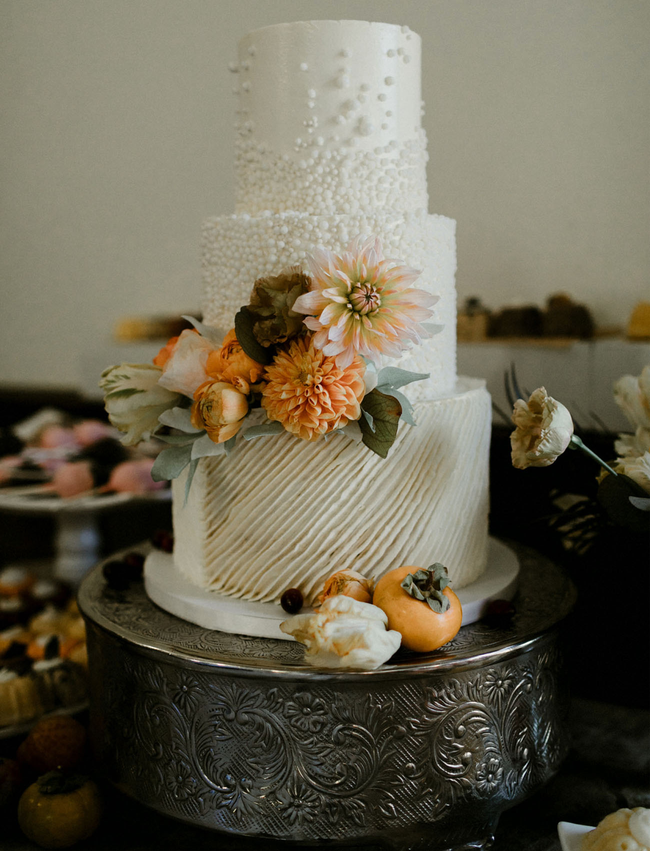 The wedding cake was perfectly styled with fresh blooms and textural touches and matched the wedding like no other