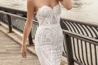 10 a sexy strapless sheath wedding gown of lace with a scallop edge for a cool look by Berta
