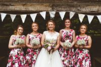 10 bold floral tea-length bridesmaids’ dresses with bateau necklines and bold shoes