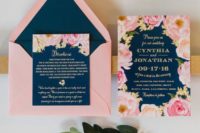 11 a pink and navy floral wedding invitation for a bold summer wedding