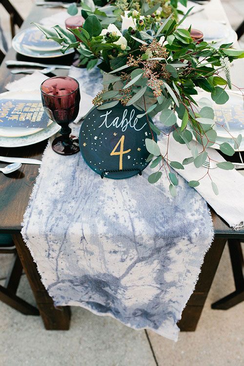 a watercolor blue wedding table runner for a constellation wedding