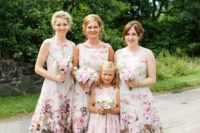 13 knee bridesmaids’ dresses with a bateau neckline and bold floral prints and metallic shoes