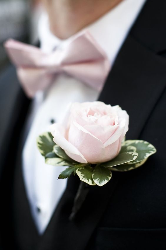 the groom in a black suit, a light pink bow tie and a matching boutonniere