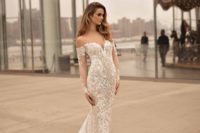 15 off the shoulder mermaid wedding dress with long sleeves, lace appliques by Berta