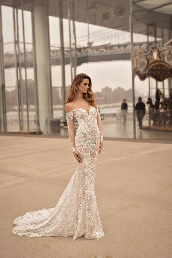 off the shoulder mermaid wedding dress with long sleeves, lace appliques by Berta