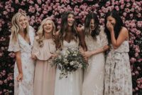 16 bridesmaids in mismatched floral maxi dresses and in blush ones for a tender and subtle combo