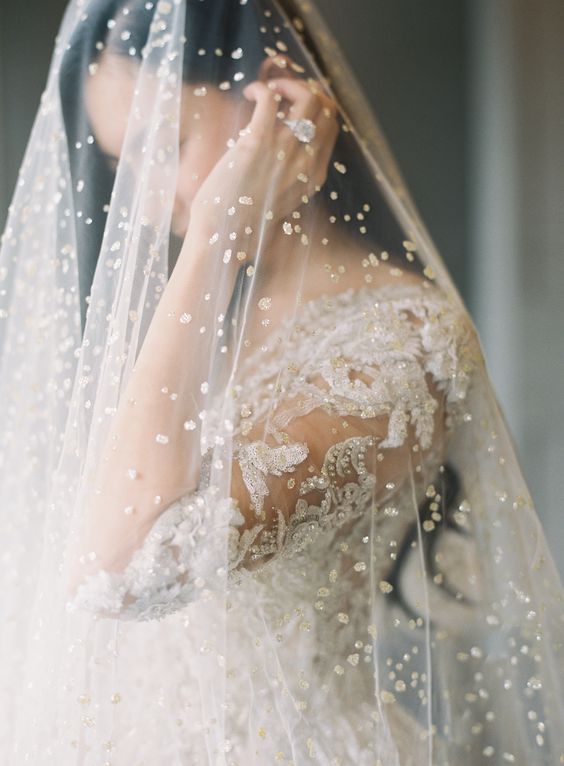 a bold pearly veil paired with a beaded dress for a super glam and formal wedding