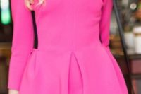 20 a hot pink mini dress with a high neckline, long sleeves, and a black bag