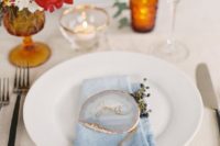 20 an ombre blue watercolor napkin plus an agate slice card with calligraphy