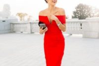 22 a red off the shoulder midi dress with a plyful neckline and nude heels are all you need for a chic look