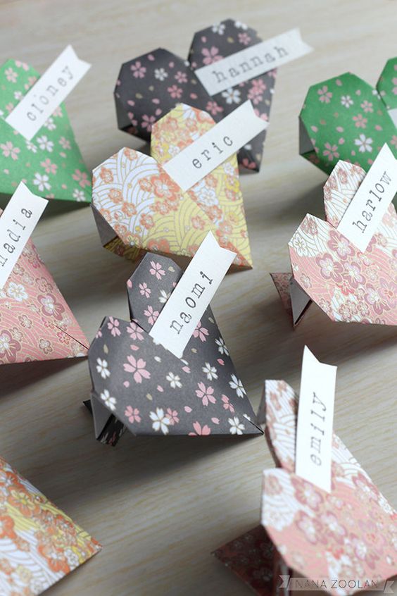 colorful origami heart place cards will be a fun addition to any space