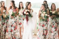 24 pretty mismatched creamy gowns with red and pink floral prints for a summer wedding