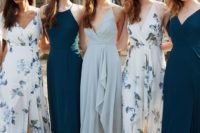 25 teal, powder blue and white dresses with floral prints can be used at one wedding for a creating a trendy look