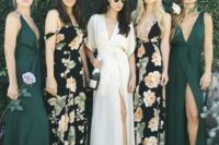 26 two bridesmaids in dark floral maxi gowns and two in dark green ones for a chic look