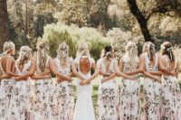 27 wide strap blush gowns with floral prints, open back and floral crowns