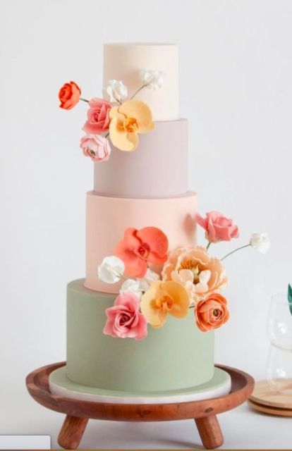 a modern pastel wedding cake decorated with some fresh blooms is a cool idea if you love pastels