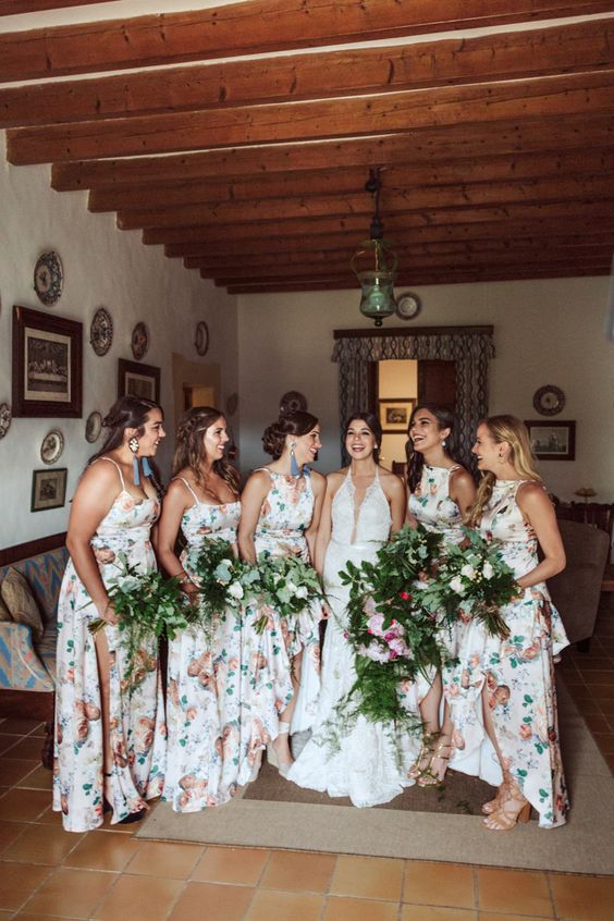 amazing bright floral print high low bridesmaid dresses plus nude shoes for a summer boho wedding
