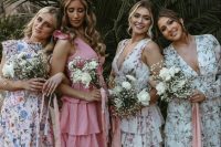 beautiful mismatching neutral floral and a pink ruffle bridesmaid dresses for a glam and feminine look