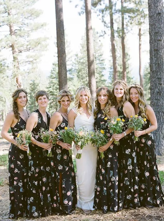 black floral maxi gowns with mismatched necklines for a girlish feel will be great for a summer to fall wedding