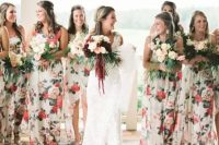 bold floral bridesmaids’ dresses with various necklines and of different lengths for a cheerful summer feel