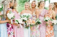 bright maxi floral bridesmaid dresses and nude shoes are adorable for a bright summer wedding