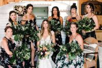 dark floral bridesmaid dresses with spaghetti straps or halter necklines for a boho jungalow look